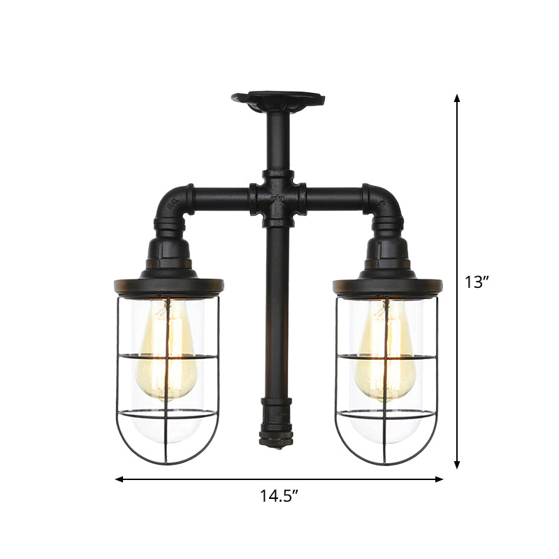 Clear Glass Black Semi Flush Lighting Caged 2 Heads Vintage Flush Mount Ceiling Lamp Clearhalo 'Ceiling Lights' 'Close To Ceiling Lights' 'Close to ceiling' 'Glass shade' 'Glass' 'Semi-flushmount' Lighting' 758475