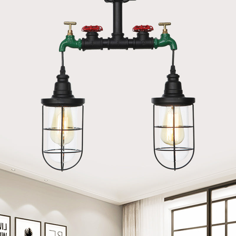 Clear Glass Black Semi Flush Lighting Caged 2 Heads Vintage Flush Mount Ceiling Lamp Clearhalo 'Ceiling Lights' 'Close To Ceiling Lights' 'Close to ceiling' 'Glass shade' 'Glass' 'Semi-flushmount' Lighting' 758477
