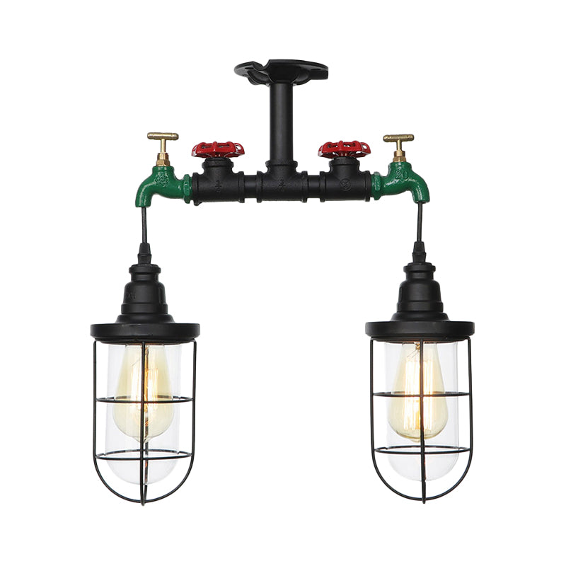 Clear Glass Black Semi Flush Lighting Caged 2 Heads Vintage Flush Mount Ceiling Lamp Clearhalo 'Ceiling Lights' 'Close To Ceiling Lights' 'Close to ceiling' 'Glass shade' 'Glass' 'Semi-flushmount' Lighting' 758478