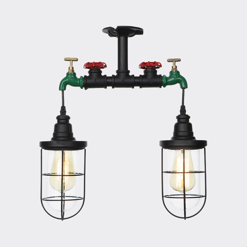 Clear Glass Black Semi Flush Lighting Caged 2 Heads Vintage Flush Mount Ceiling Lamp Clearhalo 'Ceiling Lights' 'Close To Ceiling Lights' 'Close to ceiling' 'Glass shade' 'Glass' 'Semi-flushmount' Lighting' 758479