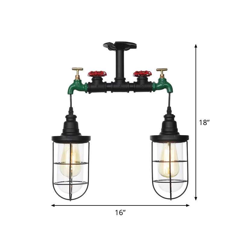 Clear Glass Black Semi Flush Lighting Caged 2 Heads Vintage Flush Mount Ceiling Lamp Clearhalo 'Ceiling Lights' 'Close To Ceiling Lights' 'Close to ceiling' 'Glass shade' 'Glass' 'Semi-flushmount' Lighting' 758480