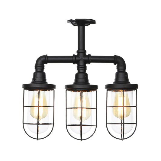 Black 3/4-Light Semi Mount Lighting Industrial Clear Glass Wire Cage Flush Lamp Fixture Clearhalo 'Ceiling Lights' 'Close To Ceiling Lights' 'Close to ceiling' 'Glass shade' 'Glass' 'Semi-flushmount' Lighting' 758482