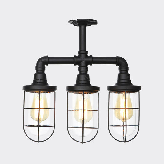Black 3/4-Light Semi Mount Lighting Industrial Clear Glass Wire Cage Flush Lamp Fixture Clearhalo 'Ceiling Lights' 'Close To Ceiling Lights' 'Close to ceiling' 'Glass shade' 'Glass' 'Semi-flushmount' Lighting' 758483