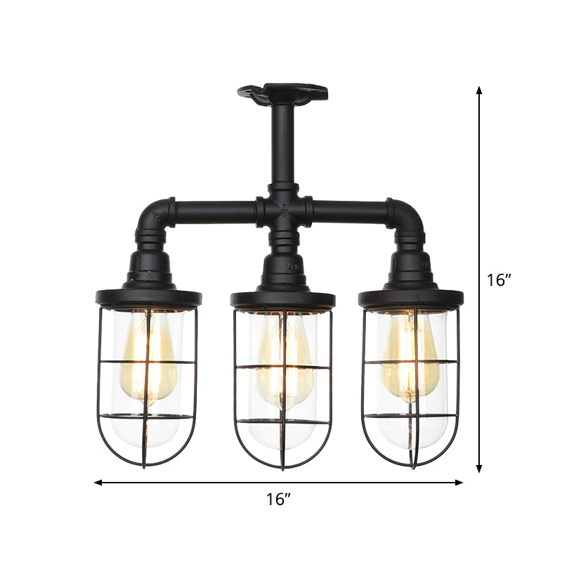 Black 3/4-Light Semi Mount Lighting Industrial Clear Glass Wire Cage Flush Lamp Fixture Clearhalo 'Ceiling Lights' 'Close To Ceiling Lights' 'Close to ceiling' 'Glass shade' 'Glass' 'Semi-flushmount' Lighting' 758484