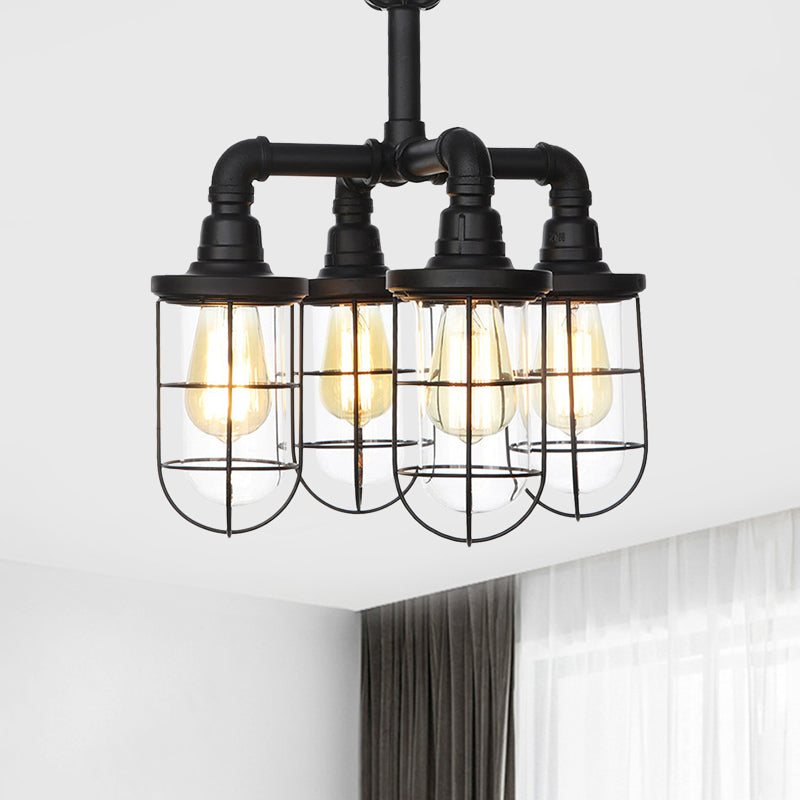 Black 3/4-Light Semi Mount Lighting Industrial Clear Glass Wire Cage Flush Lamp Fixture Clearhalo 'Ceiling Lights' 'Close To Ceiling Lights' 'Close to ceiling' 'Glass shade' 'Glass' 'Semi-flushmount' Lighting' 758486
