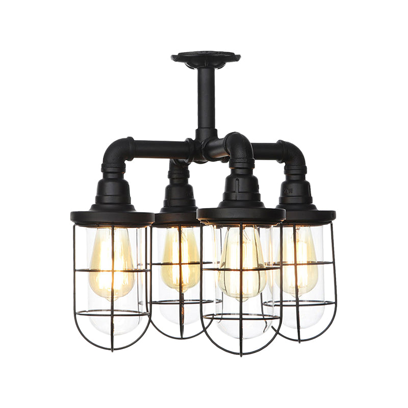 Black 3/4-Light Semi Mount Lighting Industrial Clear Glass Wire Cage Flush Lamp Fixture Clearhalo 'Ceiling Lights' 'Close To Ceiling Lights' 'Close to ceiling' 'Glass shade' 'Glass' 'Semi-flushmount' Lighting' 758487