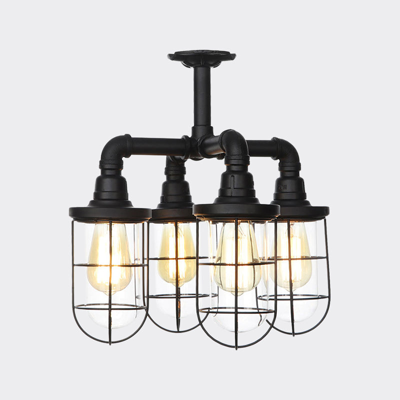 Black 3/4-Light Semi Mount Lighting Industrial Clear Glass Wire Cage Flush Lamp Fixture Clearhalo 'Ceiling Lights' 'Close To Ceiling Lights' 'Close to ceiling' 'Glass shade' 'Glass' 'Semi-flushmount' Lighting' 758488