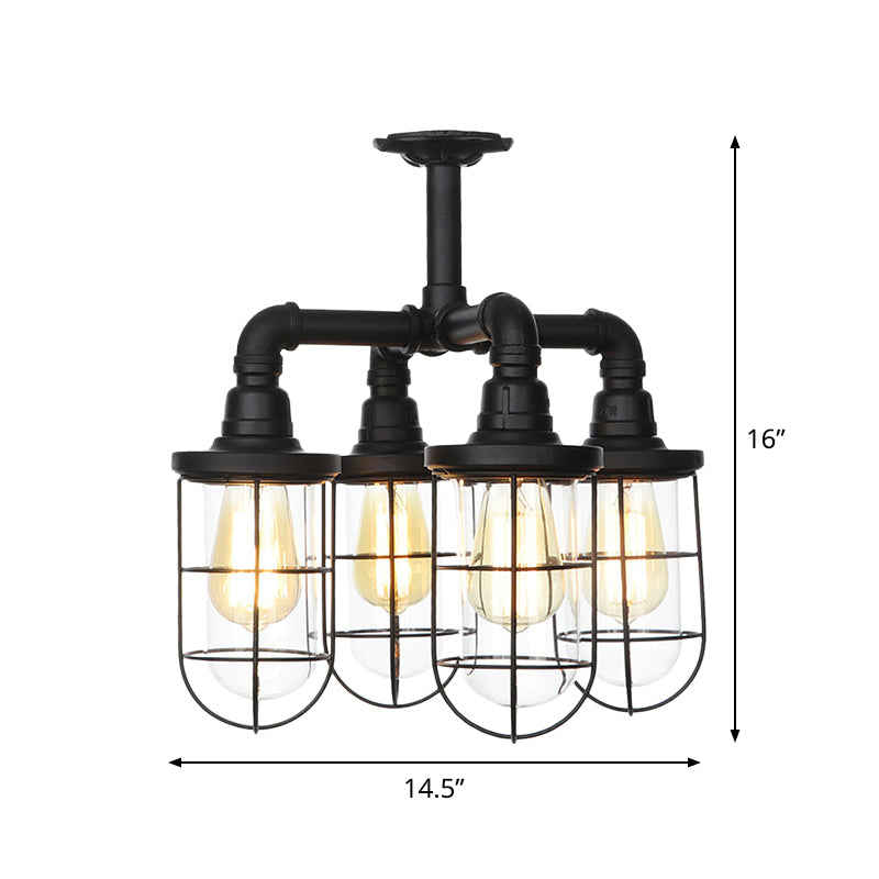 Black 3/4-Light Semi Mount Lighting Industrial Clear Glass Wire Cage Flush Lamp Fixture Clearhalo 'Ceiling Lights' 'Close To Ceiling Lights' 'Close to ceiling' 'Glass shade' 'Glass' 'Semi-flushmount' Lighting' 758489