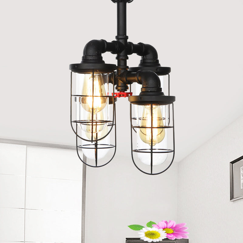 Black 3/4-Light Semi Mount Lighting Industrial Clear Glass Wire Cage Flush Lamp Fixture Clearhalo 'Ceiling Lights' 'Close To Ceiling Lights' 'Close to ceiling' 'Glass shade' 'Glass' 'Semi-flushmount' Lighting' 758491