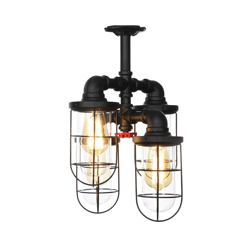 Black 3/4-Light Semi Mount Lighting Industrial Clear Glass Wire Cage Flush Lamp Fixture Clearhalo 'Ceiling Lights' 'Close To Ceiling Lights' 'Close to ceiling' 'Glass shade' 'Glass' 'Semi-flushmount' Lighting' 758492