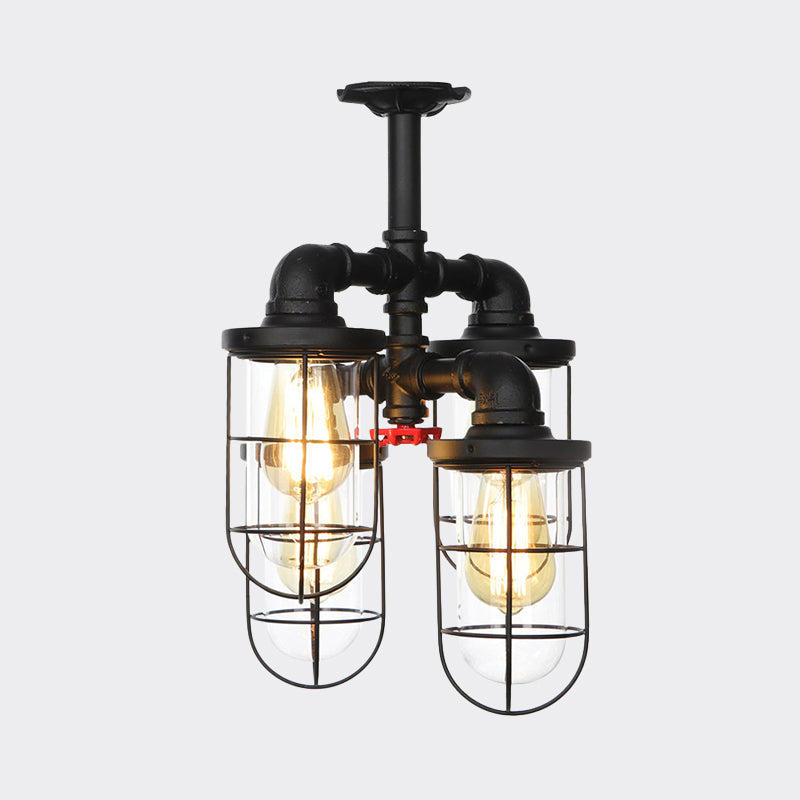 Black 3/4-Light Semi Mount Lighting Industrial Clear Glass Wire Cage Flush Lamp Fixture Clearhalo 'Ceiling Lights' 'Close To Ceiling Lights' 'Close to ceiling' 'Glass shade' 'Glass' 'Semi-flushmount' Lighting' 758493