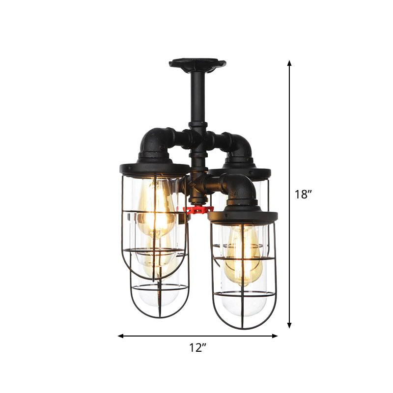 Black 3/4-Light Semi Mount Lighting Industrial Clear Glass Wire Cage Flush Lamp Fixture Clearhalo 'Ceiling Lights' 'Close To Ceiling Lights' 'Close to ceiling' 'Glass shade' 'Glass' 'Semi-flushmount' Lighting' 758494