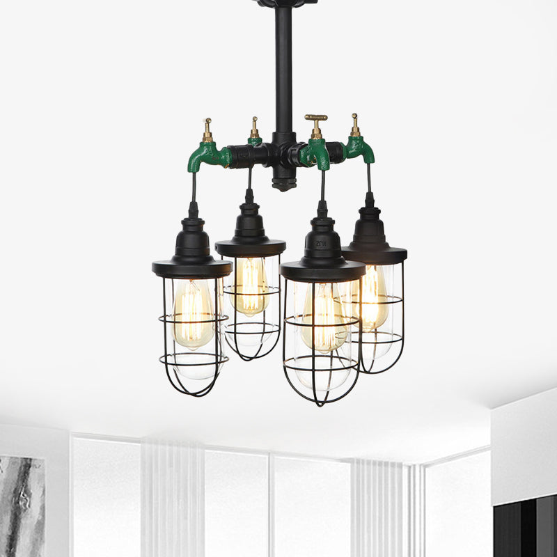 Black 3/4-Light Semi Mount Lighting Industrial Clear Glass Wire Cage Flush Lamp Fixture Clearhalo 'Ceiling Lights' 'Close To Ceiling Lights' 'Close to ceiling' 'Glass shade' 'Glass' 'Semi-flushmount' Lighting' 758496