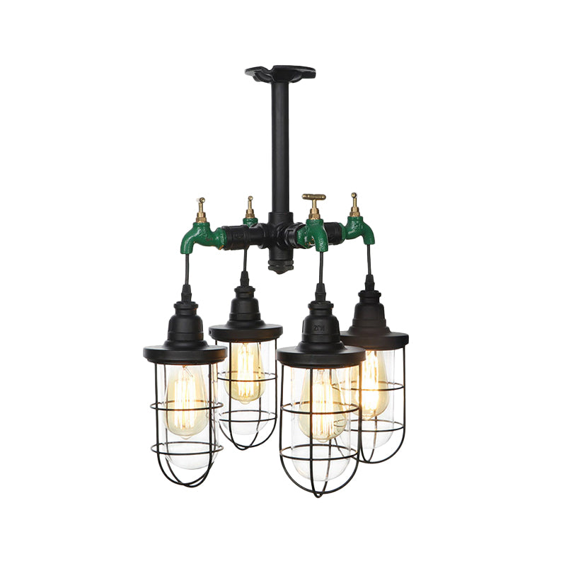 Black 3/4-Light Semi Mount Lighting Industrial Clear Glass Wire Cage Flush Lamp Fixture Clearhalo 'Ceiling Lights' 'Close To Ceiling Lights' 'Close to ceiling' 'Glass shade' 'Glass' 'Semi-flushmount' Lighting' 758497