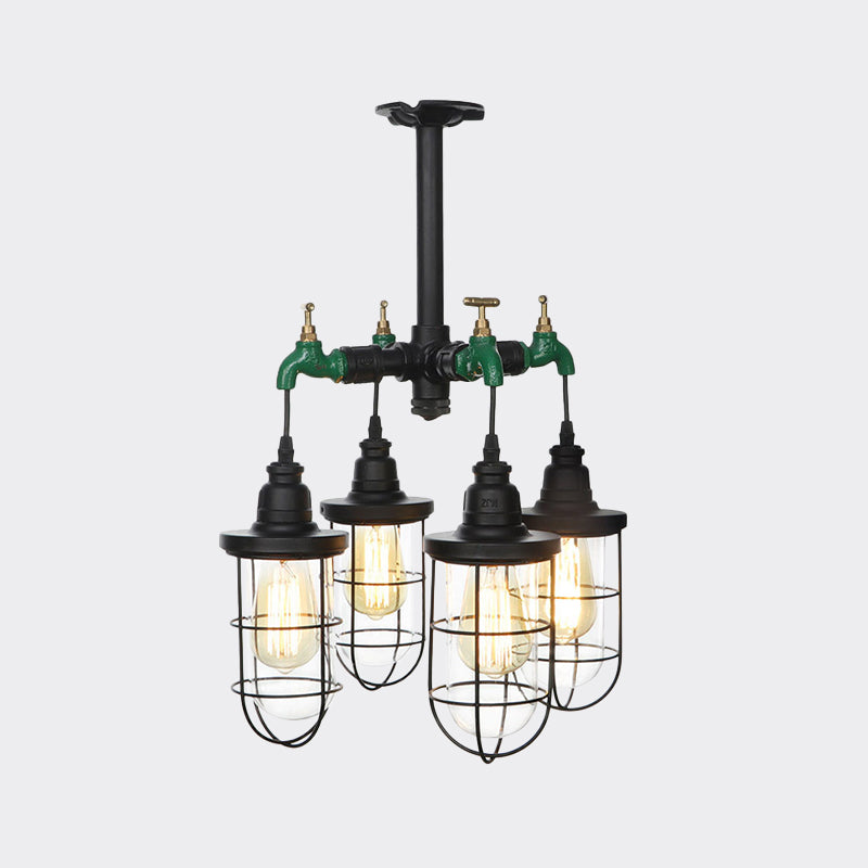 Black 3/4-Light Semi Mount Lighting Industrial Clear Glass Wire Cage Flush Lamp Fixture Clearhalo 'Ceiling Lights' 'Close To Ceiling Lights' 'Close to ceiling' 'Glass shade' 'Glass' 'Semi-flushmount' Lighting' 758498