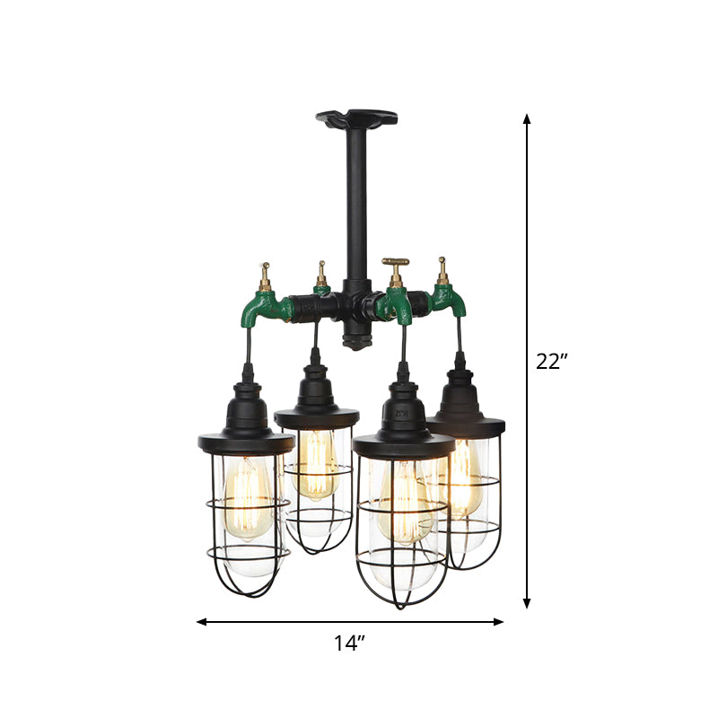 Black 3/4-Light Semi Mount Lighting Industrial Clear Glass Wire Cage Flush Lamp Fixture Clearhalo 'Ceiling Lights' 'Close To Ceiling Lights' 'Close to ceiling' 'Glass shade' 'Glass' 'Semi-flushmount' Lighting' 758499