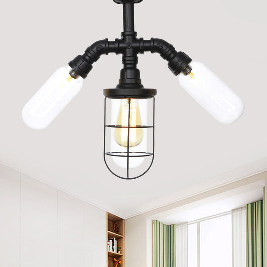 Antiqued Ball/Capsule Semi-Flush Ceiling Light 3 Bulbs Clear Glass Flush Mounted Lamp in Black with Cage Black A Clearhalo 'Ceiling Lights' 'Close To Ceiling Lights' 'Close to ceiling' 'Glass shade' 'Glass' 'Semi-flushmount' Lighting' 758500