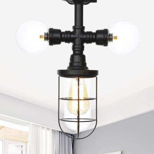 Antiqued Ball/Capsule Semi-Flush Ceiling Light 3 Bulbs Clear Glass Flush Mounted Lamp in Black with Cage Black B Clearhalo 'Ceiling Lights' 'Close To Ceiling Lights' 'Close to ceiling' 'Glass shade' 'Glass' 'Semi-flushmount' Lighting' 758504