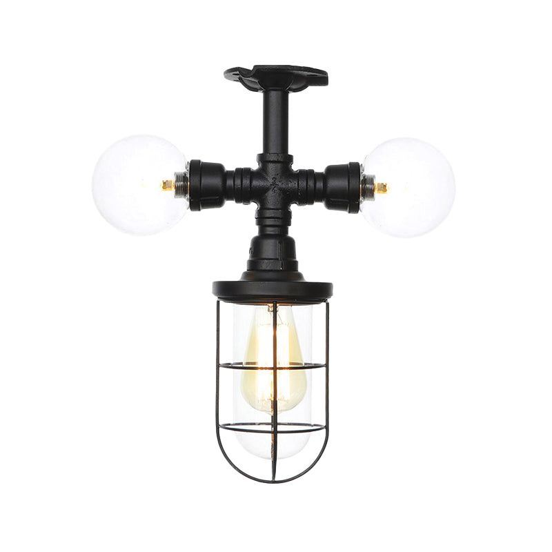 Antiqued Ball/Capsule Semi-Flush Ceiling Light 3 Bulbs Clear Glass Flush Mounted Lamp in Black with Cage Clearhalo 'Ceiling Lights' 'Close To Ceiling Lights' 'Close to ceiling' 'Glass shade' 'Glass' 'Semi-flushmount' Lighting' 758506