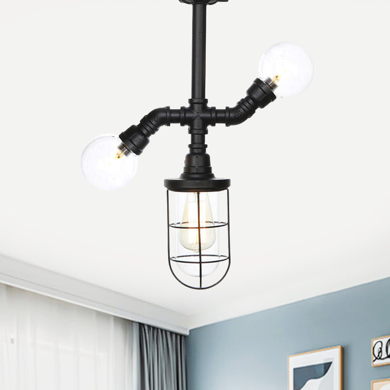 Antiqued Ball/Capsule Semi-Flush Ceiling Light 3 Bulbs Clear Glass Flush Mounted Lamp in Black with Cage Clearhalo 'Ceiling Lights' 'Close To Ceiling Lights' 'Close to ceiling' 'Glass shade' 'Glass' 'Semi-flushmount' Lighting' 758510