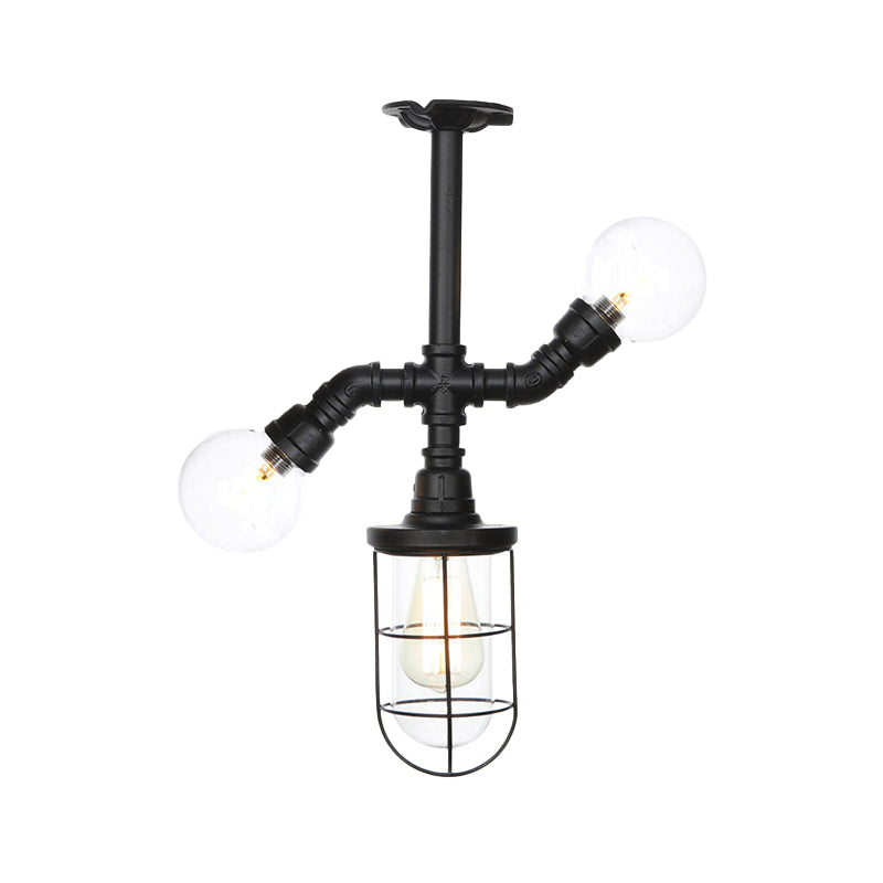 Antiqued Ball/Capsule Semi-Flush Ceiling Light 3 Bulbs Clear Glass Flush Mounted Lamp in Black with Cage Clearhalo 'Ceiling Lights' 'Close To Ceiling Lights' 'Close to ceiling' 'Glass shade' 'Glass' 'Semi-flushmount' Lighting' 758511