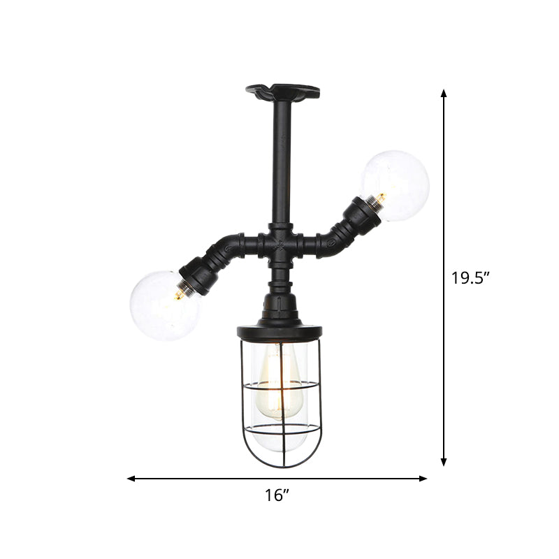 Antiqued Ball/Capsule Semi-Flush Ceiling Light 3 Bulbs Clear Glass Flush Mounted Lamp in Black with Cage Clearhalo 'Ceiling Lights' 'Close To Ceiling Lights' 'Close to ceiling' 'Glass shade' 'Glass' 'Semi-flushmount' Lighting' 758513