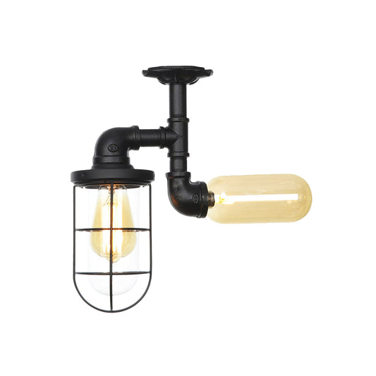 Clear Glass Orb/Capsule Semi Flush Vintage 2 Lights Corridor Ceiling Mounted Light in Black with Cage Clearhalo 'Ceiling Lights' 'Close To Ceiling Lights' 'Close to ceiling' 'Glass shade' 'Glass' 'Semi-flushmount' Lighting' 758515
