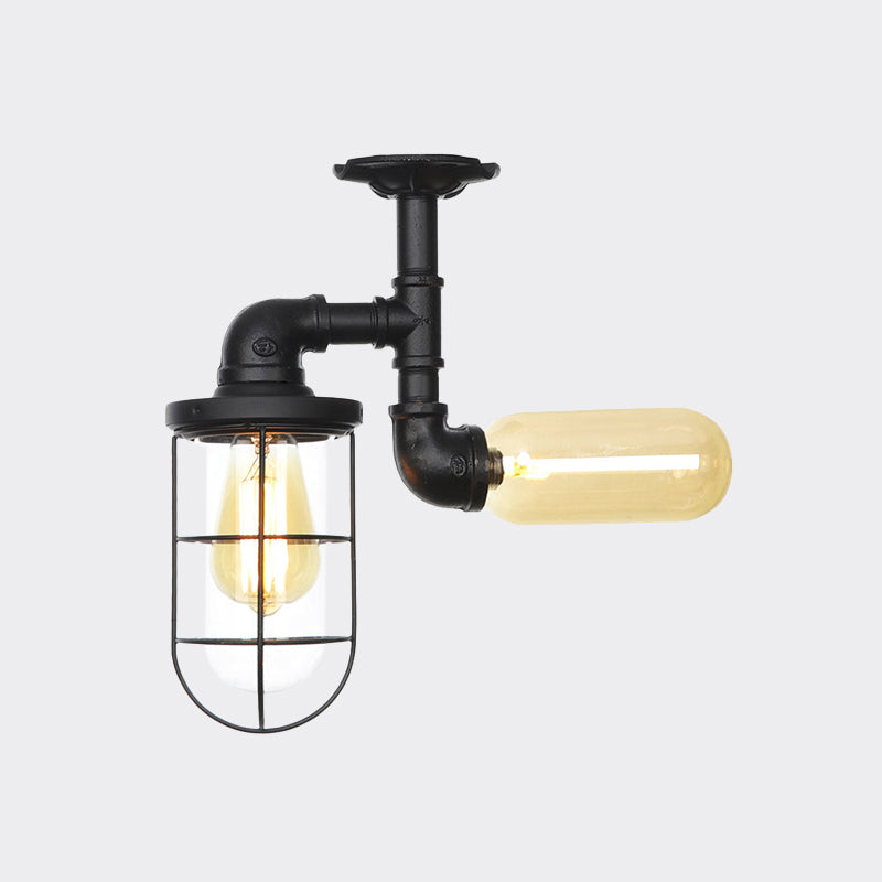 Clear Glass Orb/Capsule Semi Flush Vintage 2 Lights Corridor Ceiling Mounted Light in Black with Cage Clearhalo 'Ceiling Lights' 'Close To Ceiling Lights' 'Close to ceiling' 'Glass shade' 'Glass' 'Semi-flushmount' Lighting' 758516