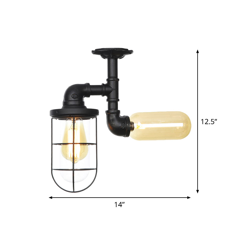 Clear Glass Orb/Capsule Semi Flush Vintage 2 Lights Corridor Ceiling Mounted Light in Black with Cage Clearhalo 'Ceiling Lights' 'Close To Ceiling Lights' 'Close to ceiling' 'Glass shade' 'Glass' 'Semi-flushmount' Lighting' 758517