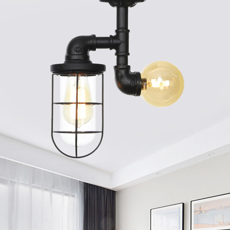 Clear Glass Orb/Capsule Semi Flush Vintage 2 Lights Corridor Ceiling Mounted Light in Black with Cage Clearhalo 'Ceiling Lights' 'Close To Ceiling Lights' 'Close to ceiling' 'Glass shade' 'Glass' 'Semi-flushmount' Lighting' 758519