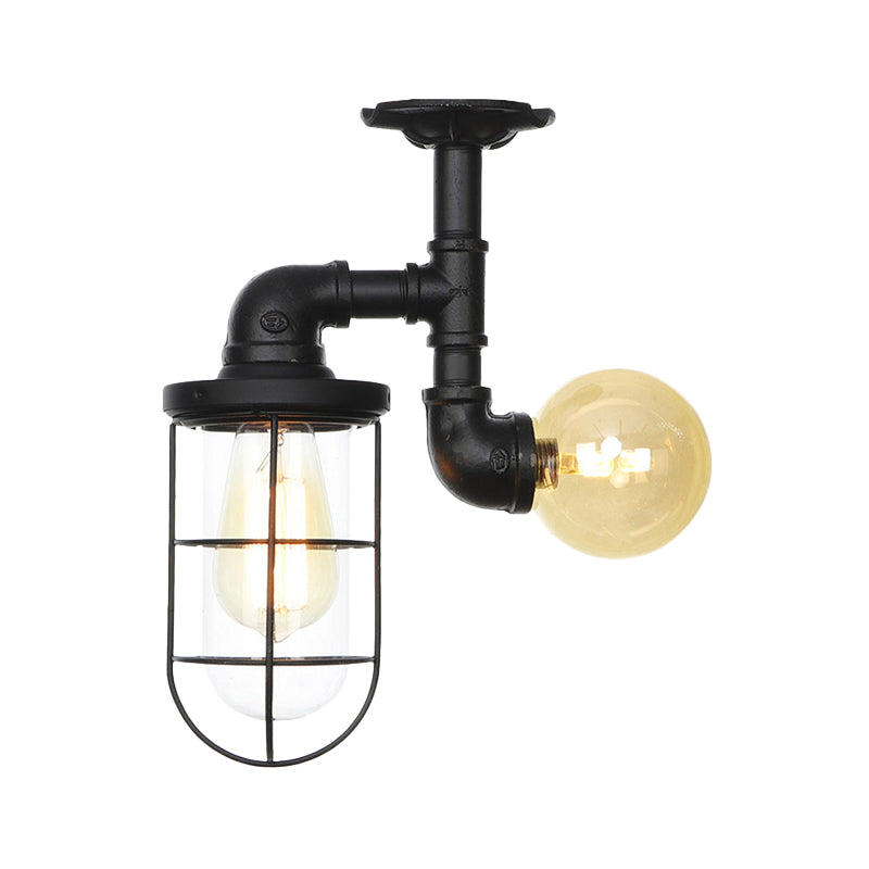 Clear Glass Orb/Capsule Semi Flush Vintage 2 Lights Corridor Ceiling Mounted Light in Black with Cage Clearhalo 'Ceiling Lights' 'Close To Ceiling Lights' 'Close to ceiling' 'Glass shade' 'Glass' 'Semi-flushmount' Lighting' 758520