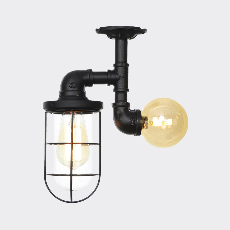 Clear Glass Orb/Capsule Semi Flush Vintage 2 Lights Corridor Ceiling Mounted Light in Black with Cage Clearhalo 'Ceiling Lights' 'Close To Ceiling Lights' 'Close to ceiling' 'Glass shade' 'Glass' 'Semi-flushmount' Lighting' 758521