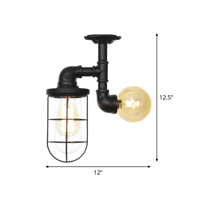 Clear Glass Orb/Capsule Semi Flush Vintage 2 Lights Corridor Ceiling Mounted Light in Black with Cage Clearhalo 'Ceiling Lights' 'Close To Ceiling Lights' 'Close to ceiling' 'Glass shade' 'Glass' 'Semi-flushmount' Lighting' 758522