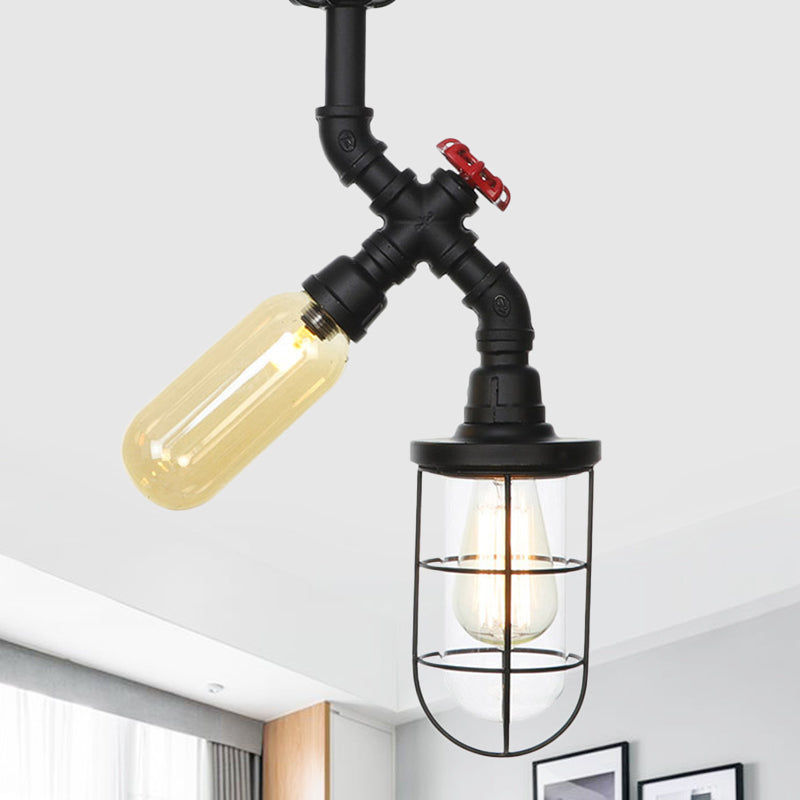 Clear Glass Orb/Capsule Semi Flush Vintage 2 Lights Corridor Ceiling Mounted Light in Black with Cage Black C Clearhalo 'Ceiling Lights' 'Close To Ceiling Lights' 'Close to ceiling' 'Glass shade' 'Glass' 'Semi-flushmount' Lighting' 758523