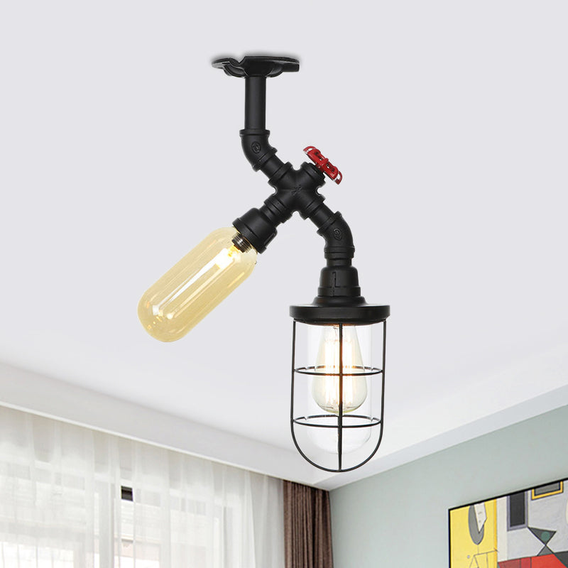 Clear Glass Orb/Capsule Semi Flush Vintage 2 Lights Corridor Ceiling Mounted Light in Black with Cage Clearhalo 'Ceiling Lights' 'Close To Ceiling Lights' 'Close to ceiling' 'Glass shade' 'Glass' 'Semi-flushmount' Lighting' 758524