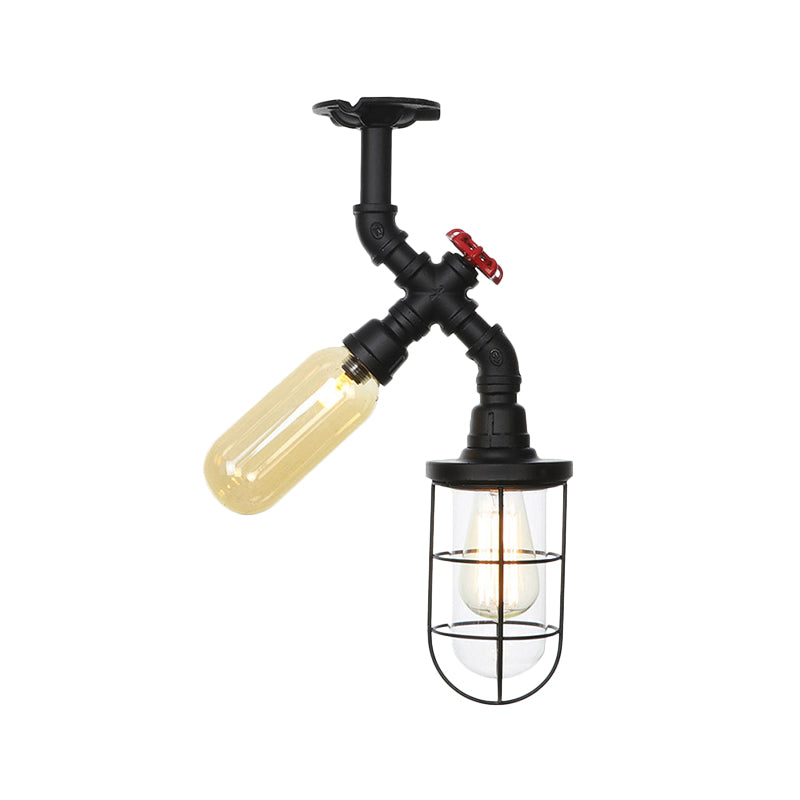 Clear Glass Orb/Capsule Semi Flush Vintage 2 Lights Corridor Ceiling Mounted Light in Black with Cage Clearhalo 'Ceiling Lights' 'Close To Ceiling Lights' 'Close to ceiling' 'Glass shade' 'Glass' 'Semi-flushmount' Lighting' 758525