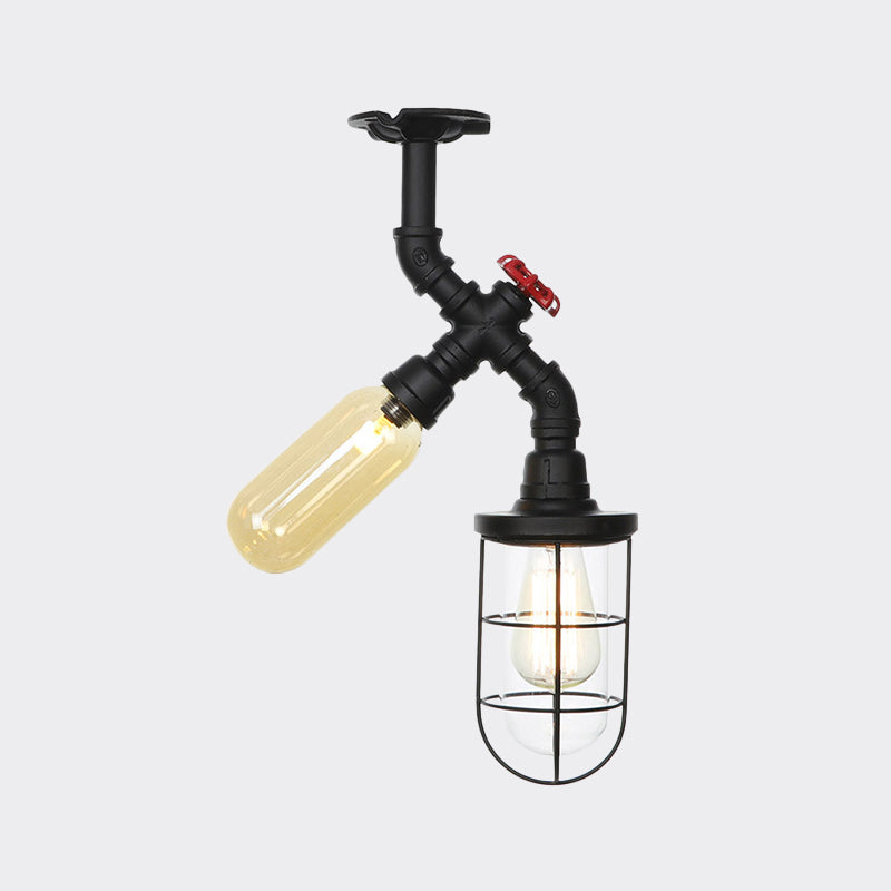 Clear Glass Orb/Capsule Semi Flush Vintage 2 Lights Corridor Ceiling Mounted Light in Black with Cage Clearhalo 'Ceiling Lights' 'Close To Ceiling Lights' 'Close to ceiling' 'Glass shade' 'Glass' 'Semi-flushmount' Lighting' 758526