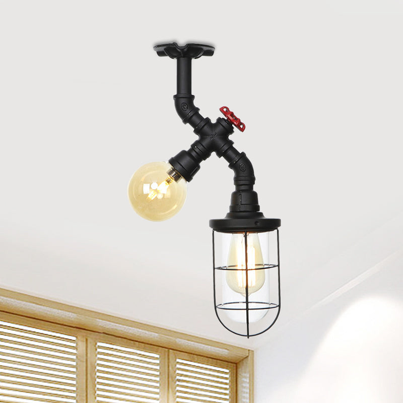 Clear Glass Orb/Capsule Semi Flush Vintage 2 Lights Corridor Ceiling Mounted Light in Black with Cage Clearhalo 'Ceiling Lights' 'Close To Ceiling Lights' 'Close to ceiling' 'Glass shade' 'Glass' 'Semi-flushmount' Lighting' 758529