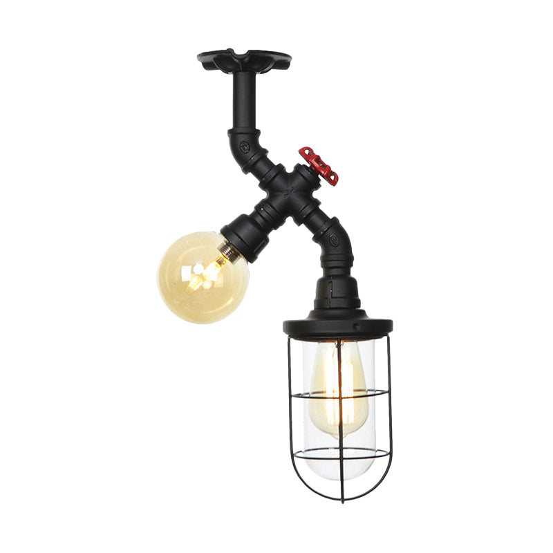 Clear Glass Orb/Capsule Semi Flush Vintage 2 Lights Corridor Ceiling Mounted Light in Black with Cage Clearhalo 'Ceiling Lights' 'Close To Ceiling Lights' 'Close to ceiling' 'Glass shade' 'Glass' 'Semi-flushmount' Lighting' 758530