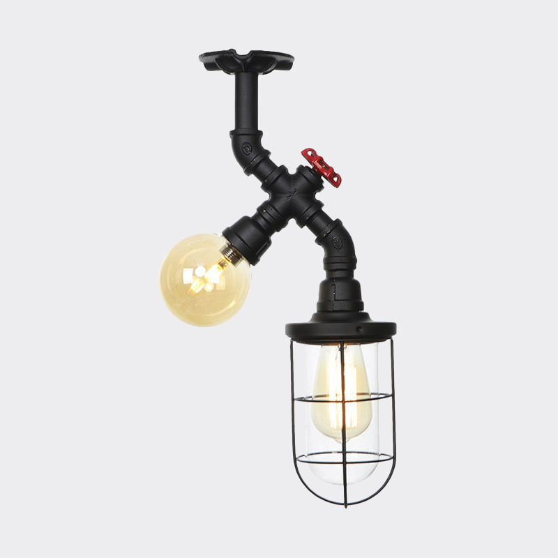 Clear Glass Orb/Capsule Semi Flush Vintage 2 Lights Corridor Ceiling Mounted Light in Black with Cage Clearhalo 'Ceiling Lights' 'Close To Ceiling Lights' 'Close to ceiling' 'Glass shade' 'Glass' 'Semi-flushmount' Lighting' 758531
