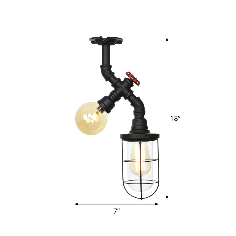 Clear Glass Orb/Capsule Semi Flush Vintage 2 Lights Corridor Ceiling Mounted Light in Black with Cage Clearhalo 'Ceiling Lights' 'Close To Ceiling Lights' 'Close to ceiling' 'Glass shade' 'Glass' 'Semi-flushmount' Lighting' 758532