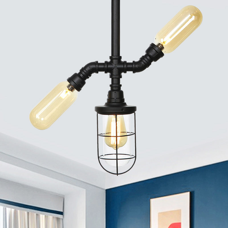 Clear Glass Ball/Capsule Flush Light Industrial 3-Head Foyer Semi Flush Mount in Black with Cage Black A Clearhalo 'Ceiling Lights' 'Close To Ceiling Lights' 'Close to ceiling' 'Glass shade' 'Glass' 'Pendant Lights' 'Semi-flushmount' Lighting' 758533