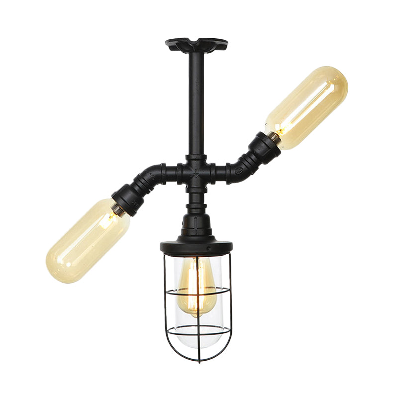 Clear Glass Ball/Capsule Flush Light Industrial 3-Head Foyer Semi Flush Mount in Black with Cage Clearhalo 'Ceiling Lights' 'Close To Ceiling Lights' 'Close to ceiling' 'Glass shade' 'Glass' 'Pendant Lights' 'Semi-flushmount' Lighting' 758534