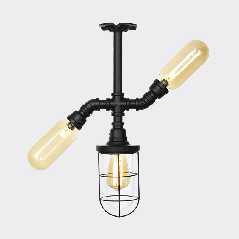 Clear Glass Ball/Capsule Flush Light Industrial 3-Head Foyer Semi Flush Mount in Black with Cage Clearhalo 'Ceiling Lights' 'Close To Ceiling Lights' 'Close to ceiling' 'Glass shade' 'Glass' 'Pendant Lights' 'Semi-flushmount' Lighting' 758535