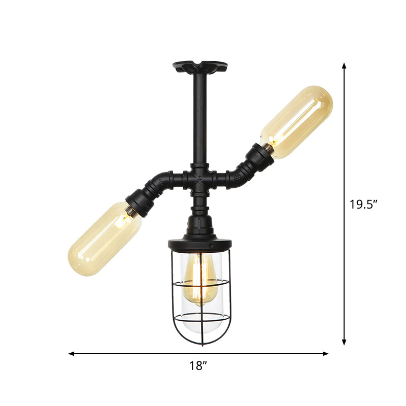 Clear Glass Ball/Capsule Flush Light Industrial 3-Head Foyer Semi Flush Mount in Black with Cage Clearhalo 'Ceiling Lights' 'Close To Ceiling Lights' 'Close to ceiling' 'Glass shade' 'Glass' 'Pendant Lights' 'Semi-flushmount' Lighting' 758536