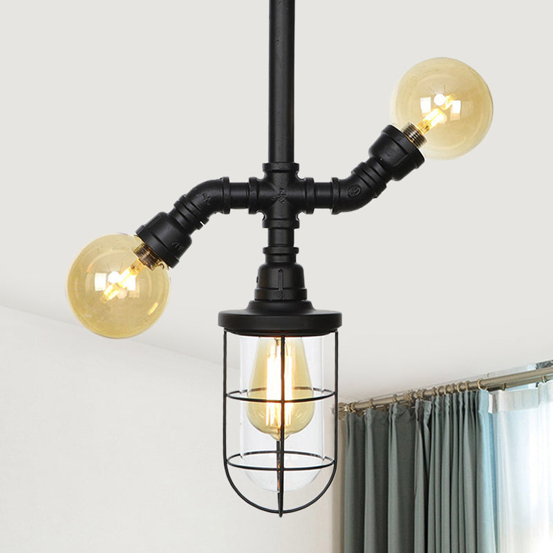 Clear Glass Ball/Capsule Flush Light Industrial 3-Head Foyer Semi Flush Mount in Black with Cage Black B Clearhalo 'Ceiling Lights' 'Close To Ceiling Lights' 'Close to ceiling' 'Glass shade' 'Glass' 'Pendant Lights' 'Semi-flushmount' Lighting' 758537