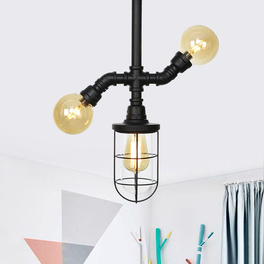Clear Glass Ball/Capsule Flush Light Industrial 3-Head Foyer Semi Flush Mount in Black with Cage Clearhalo 'Ceiling Lights' 'Close To Ceiling Lights' 'Close to ceiling' 'Glass shade' 'Glass' 'Pendant Lights' 'Semi-flushmount' Lighting' 758538