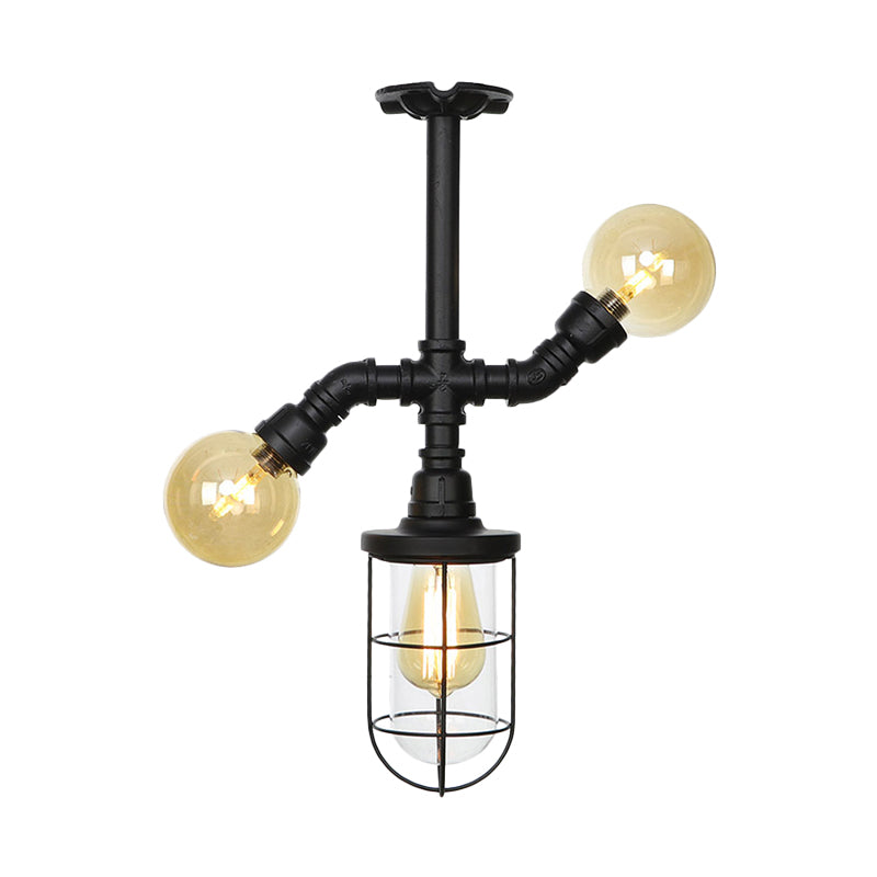 Clear Glass Ball/Capsule Flush Light Industrial 3-Head Foyer Semi Flush Mount in Black with Cage Clearhalo 'Ceiling Lights' 'Close To Ceiling Lights' 'Close to ceiling' 'Glass shade' 'Glass' 'Pendant Lights' 'Semi-flushmount' Lighting' 758539