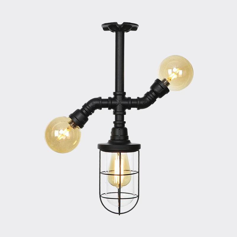 Clear Glass Ball/Capsule Flush Light Industrial 3-Head Foyer Semi Flush Mount in Black with Cage Clearhalo 'Ceiling Lights' 'Close To Ceiling Lights' 'Close to ceiling' 'Glass shade' 'Glass' 'Pendant Lights' 'Semi-flushmount' Lighting' 758540