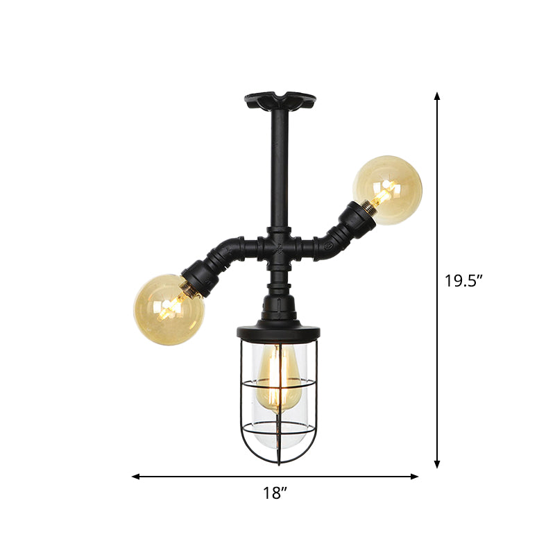 Clear Glass Ball/Capsule Flush Light Industrial 3-Head Foyer Semi Flush Mount in Black with Cage Clearhalo 'Ceiling Lights' 'Close To Ceiling Lights' 'Close to ceiling' 'Glass shade' 'Glass' 'Pendant Lights' 'Semi-flushmount' Lighting' 758541